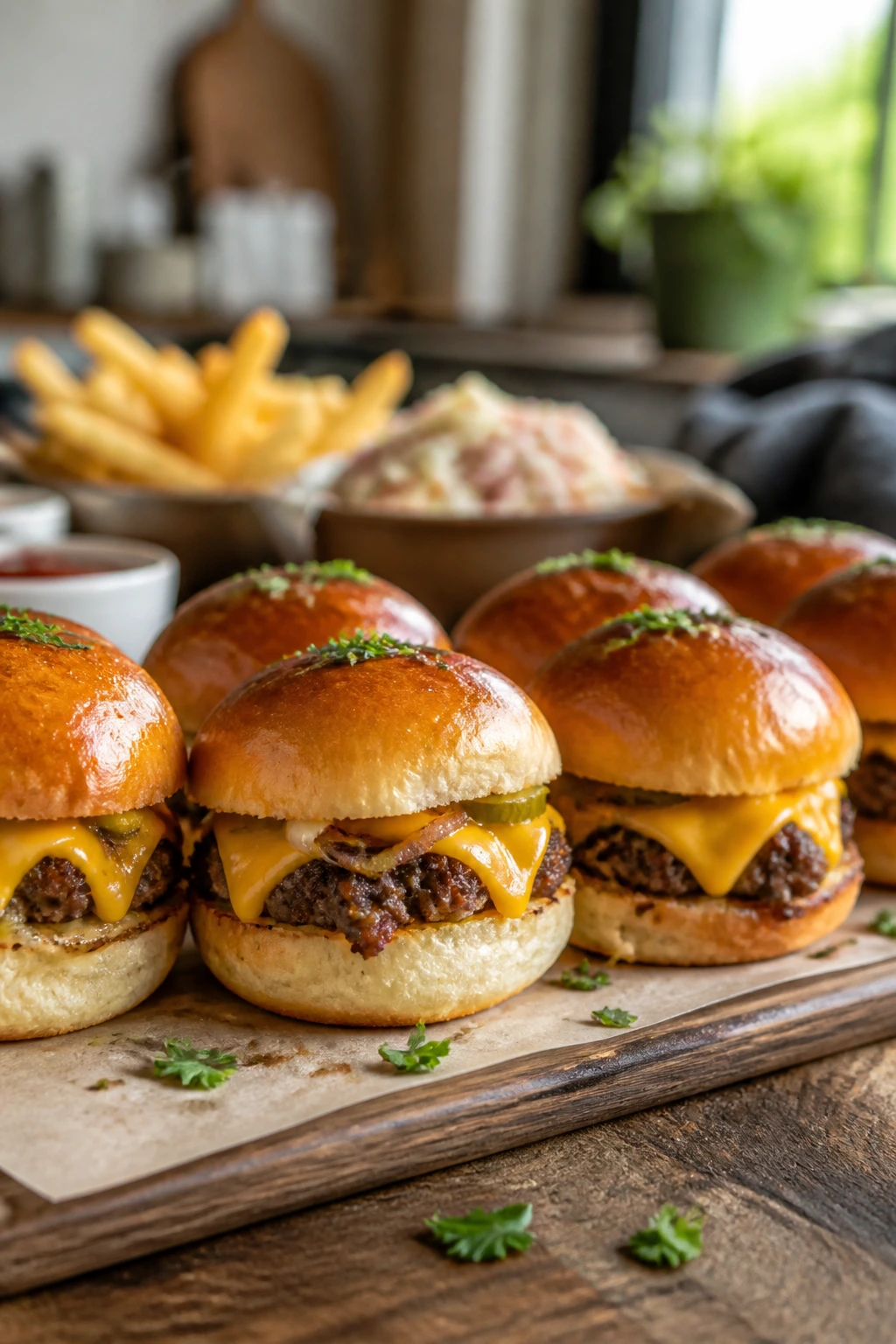 Serving board with neatly arranged sliders ready to serve