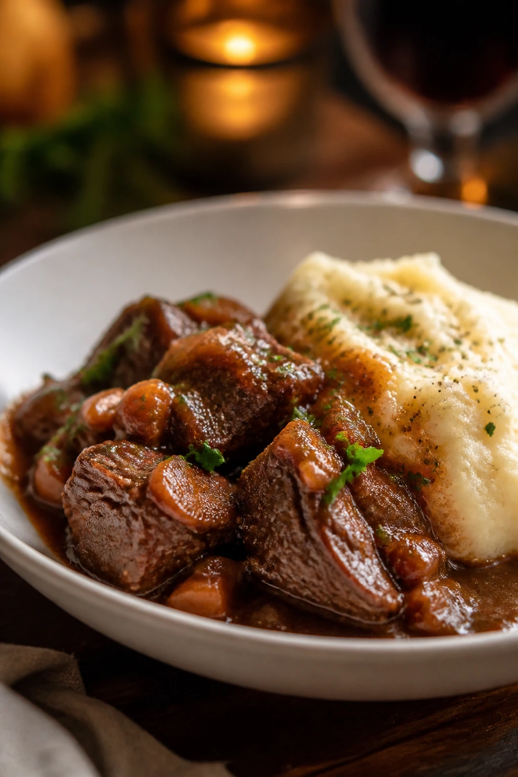 Braised beef dish plated in shallow bowl with sauce and side of mashed potatoes