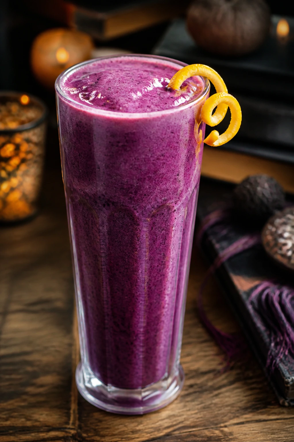 Single glass of vibrant smoothie with citrus twist garnish
