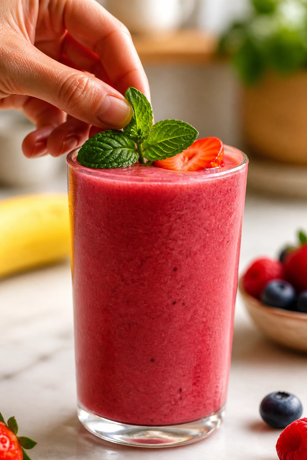 Hand garnishing a smoothie glass with mint in a sunny kitchen