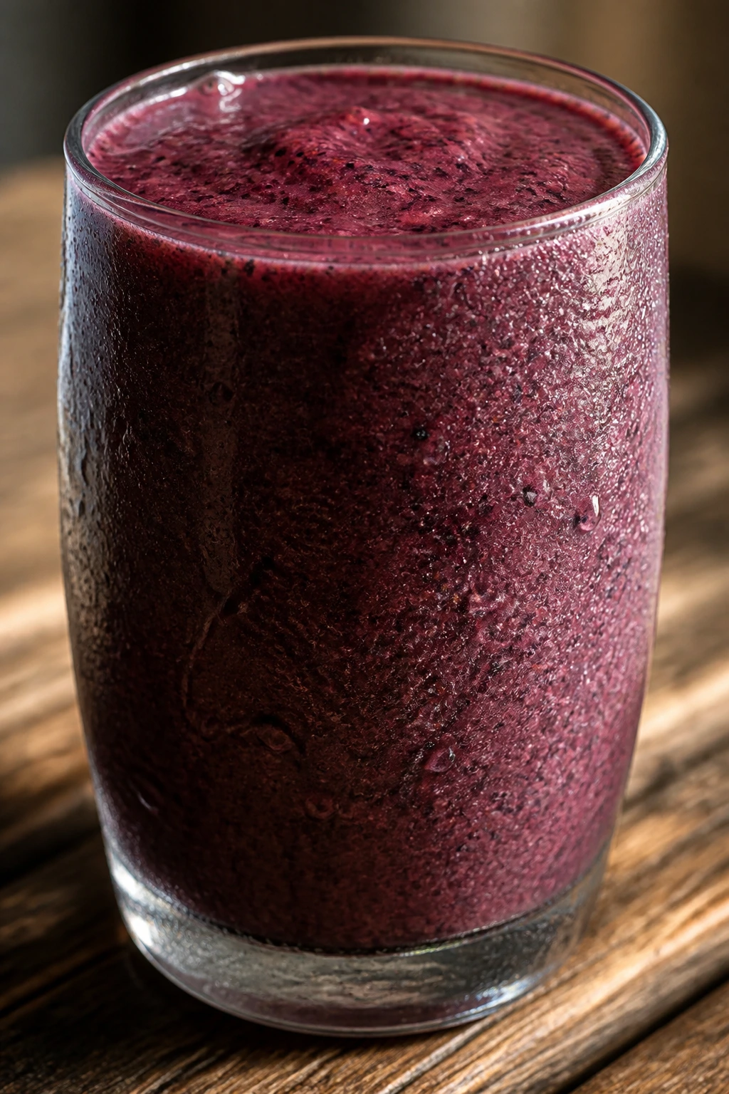 Chilled purple smoothie served in a glass on wood surface