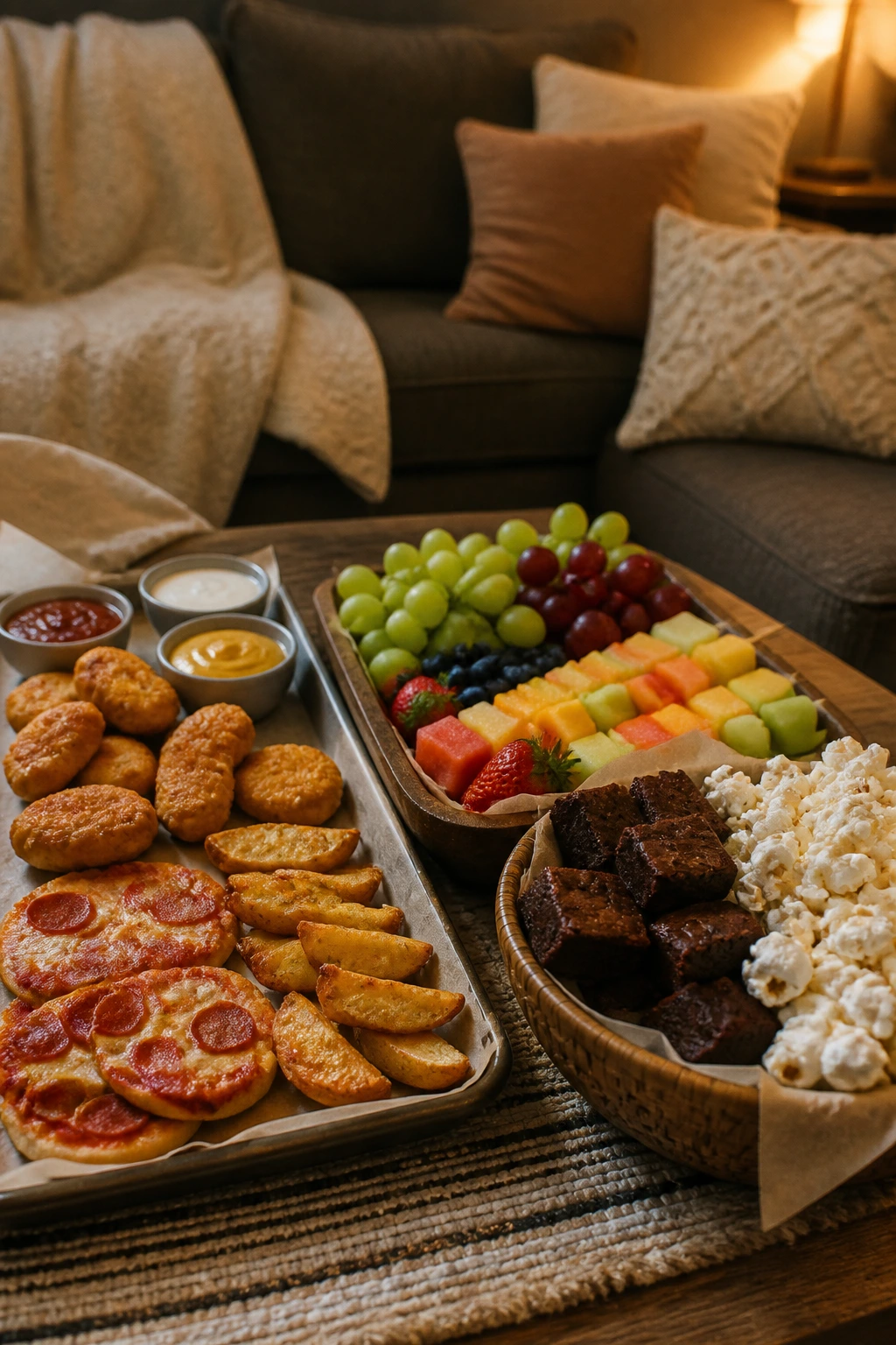 Couch-side serving spread with separate snack clusters