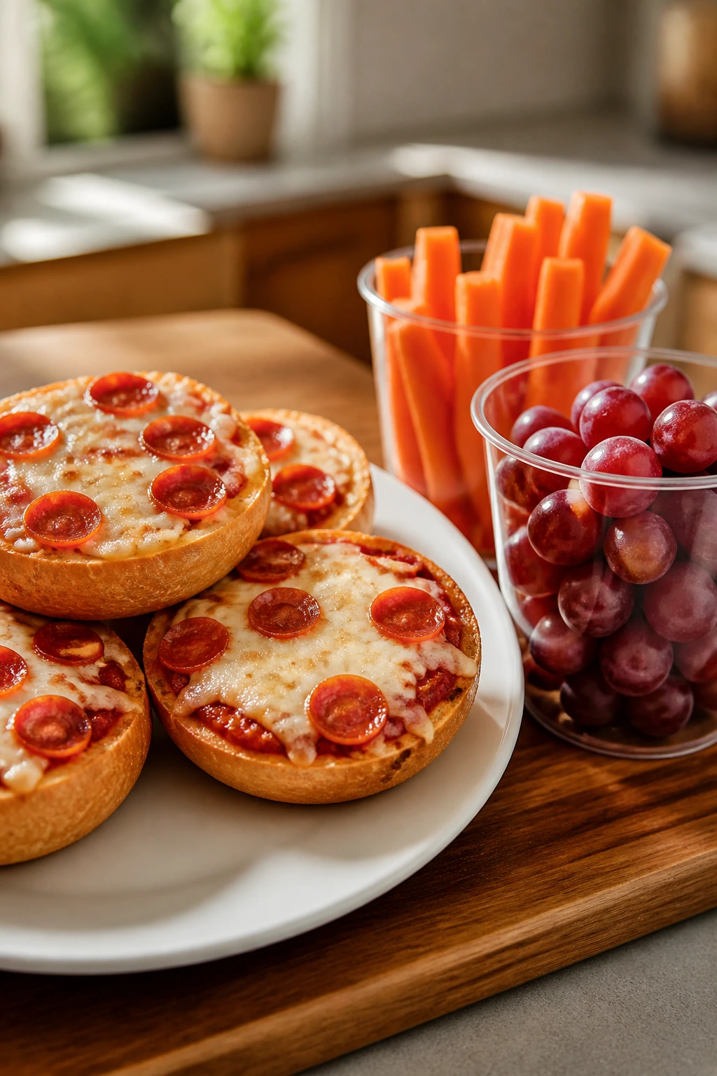 Plate with warm pizza bagels beside cups of grapes and carrot sticks