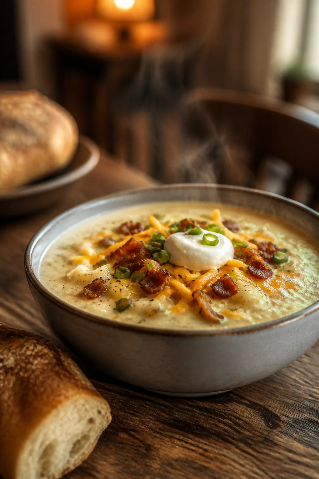 Bowl of loaded potato soup with bread on a rustic table
