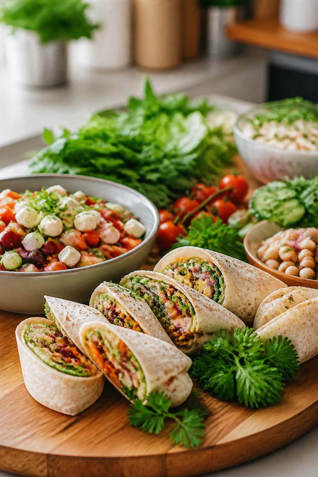 Serving board with diagonal-cut wraps and greens on a kitchen counter.