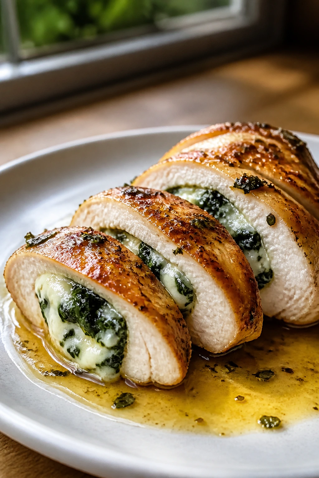 Plated sliced stuffed chicken with lemon-butter sauce showing spinach filling