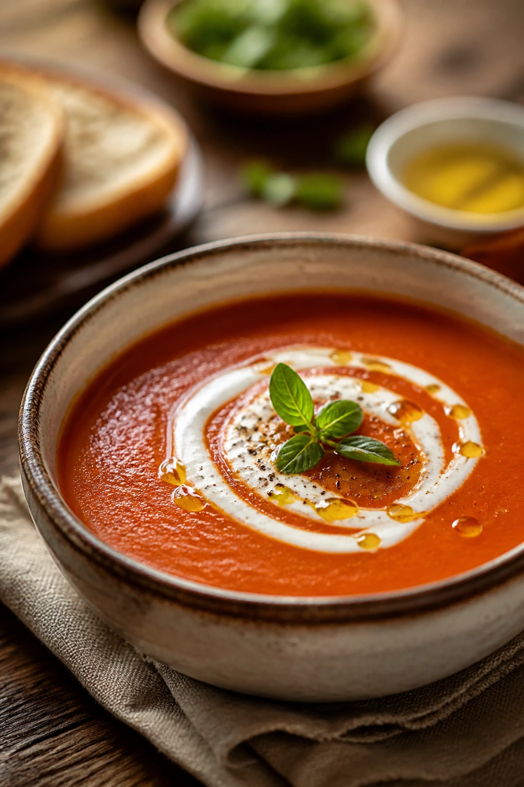 Creamy tomato soup served in a bowl with cream swirl and herbs