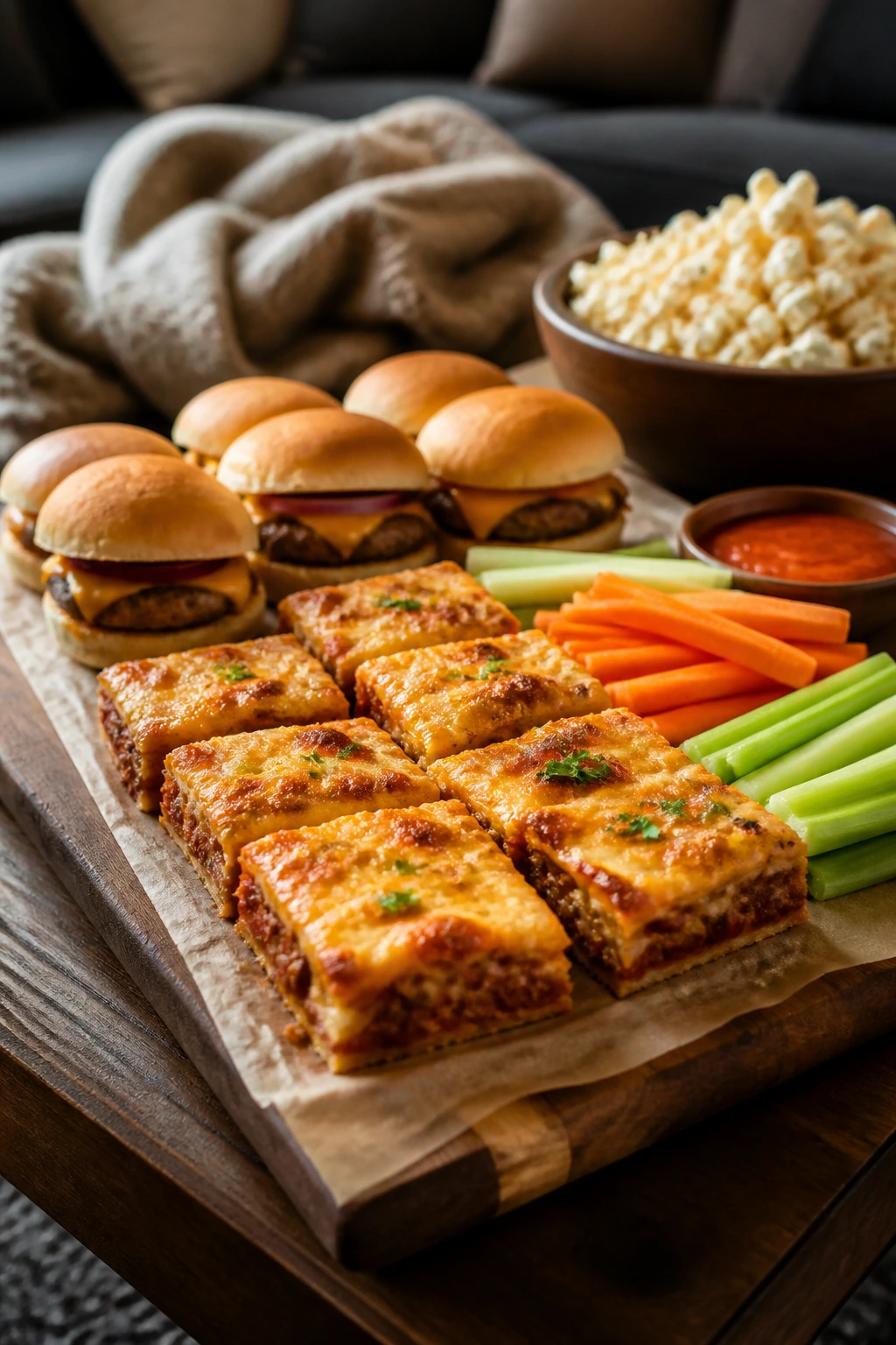 Serving board with casserole squares and sliders on a parchment-lined tray