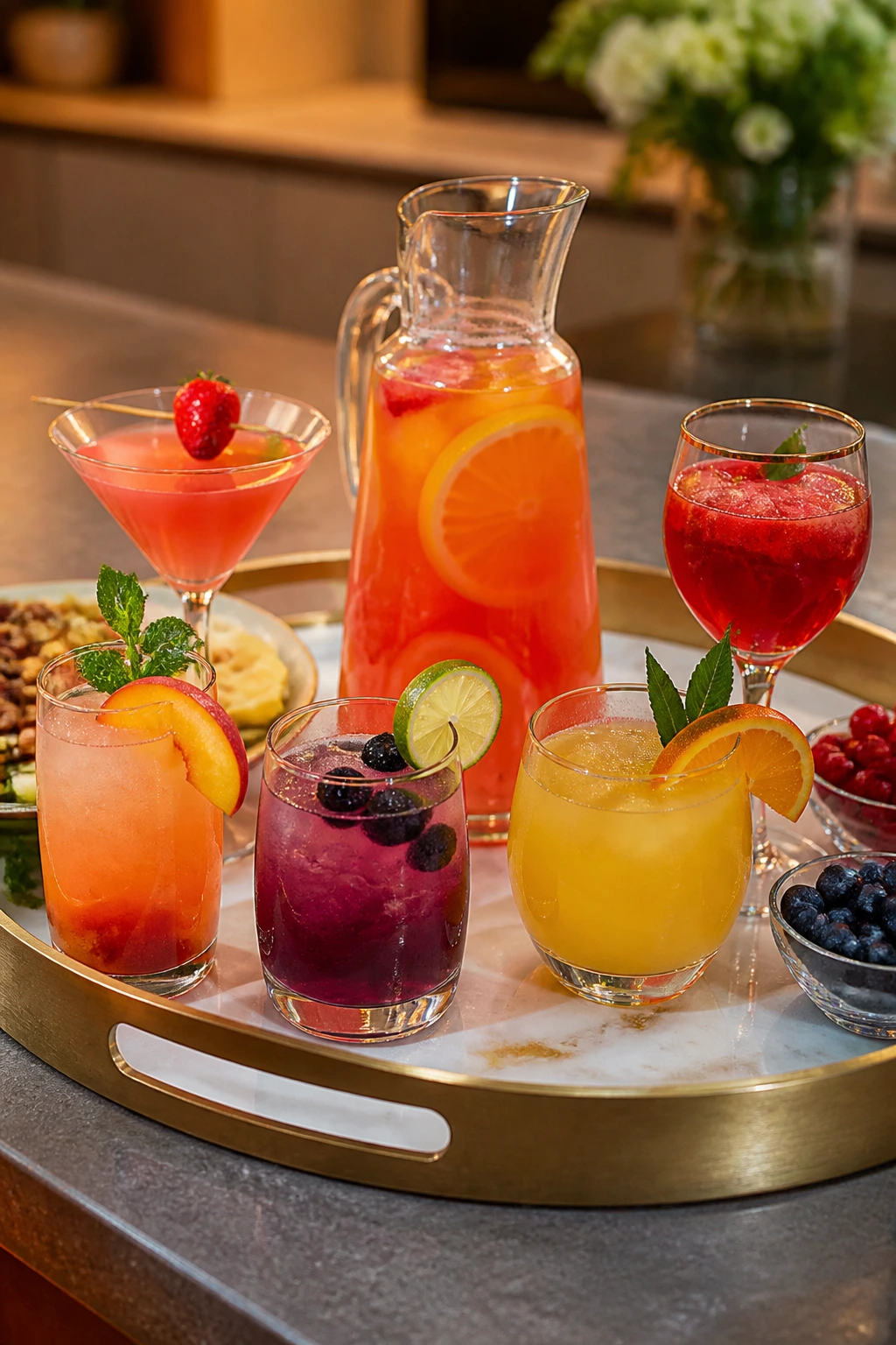 Colorful cocktail serving tray with varied glasses and garnishes