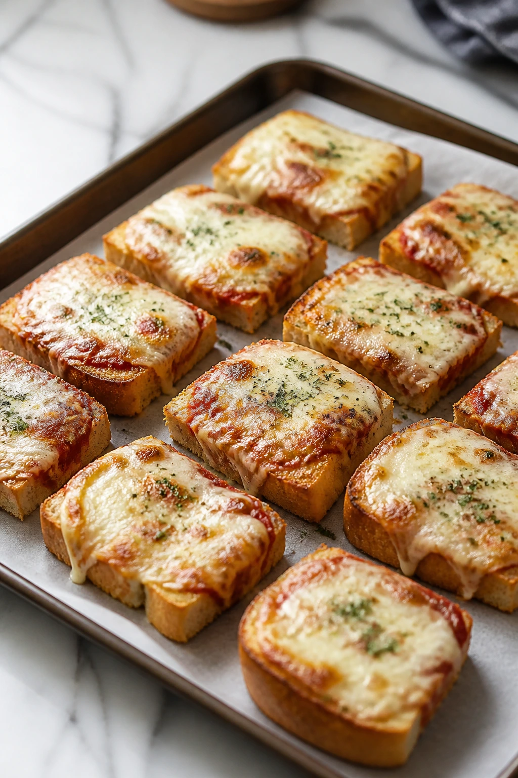 Tray of bite-sized garlic bread pizza melts ready to serve