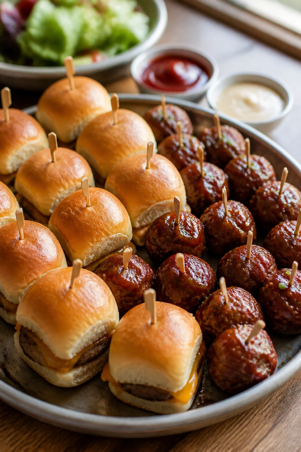 Tray of sliders and meatball bites ready to serve