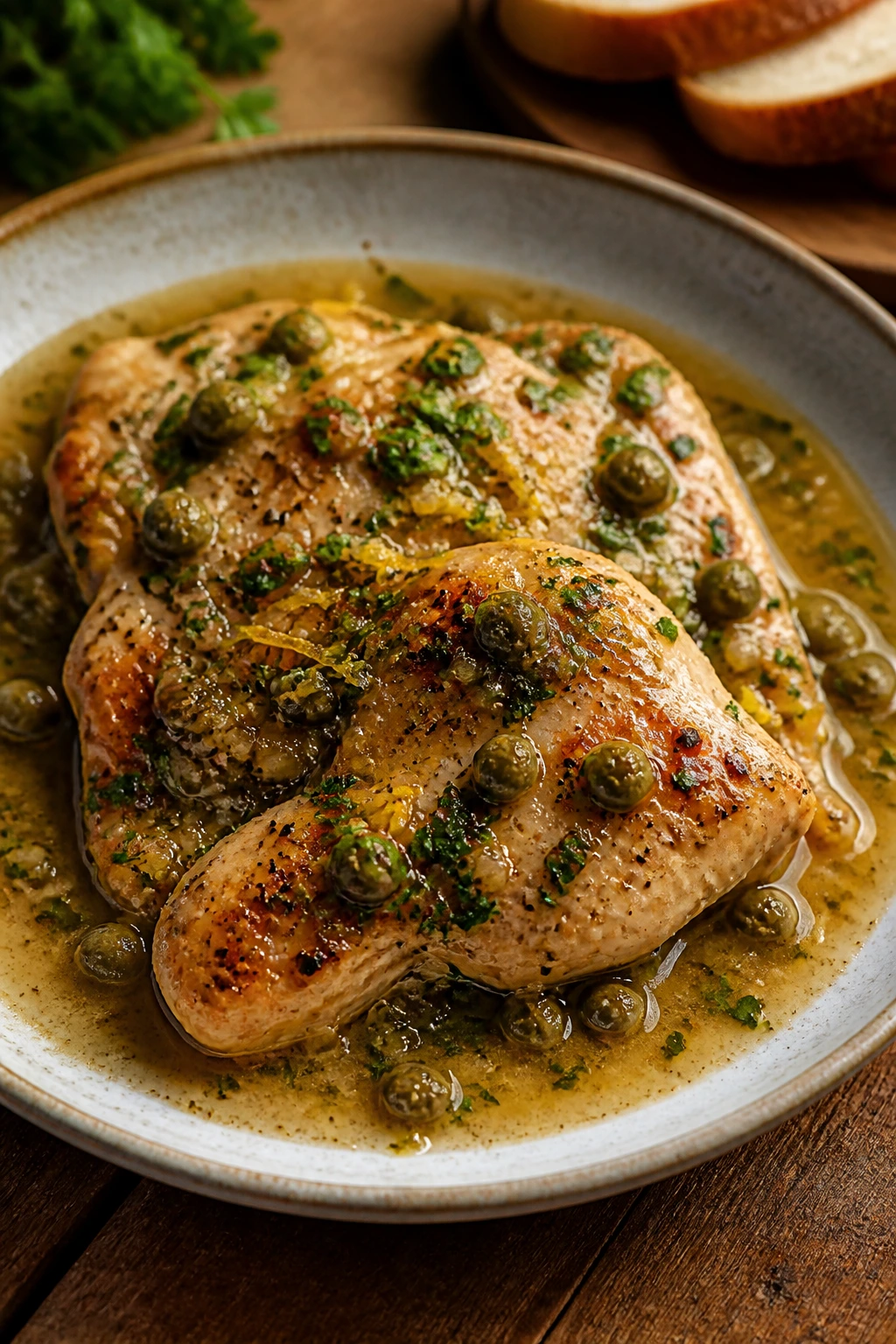 Plated Tuscan chicken with parsley and lemon zest.