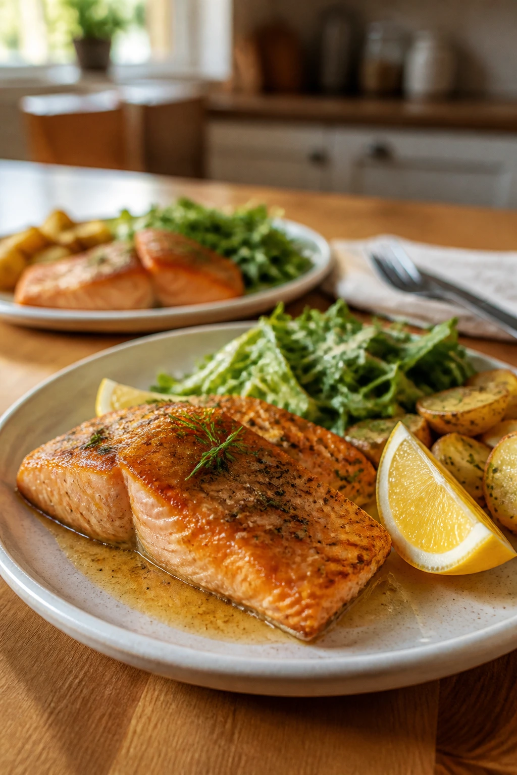 Close-up plate for two with salmon fillet, lemon wedge, and herbs in a warm kitchen