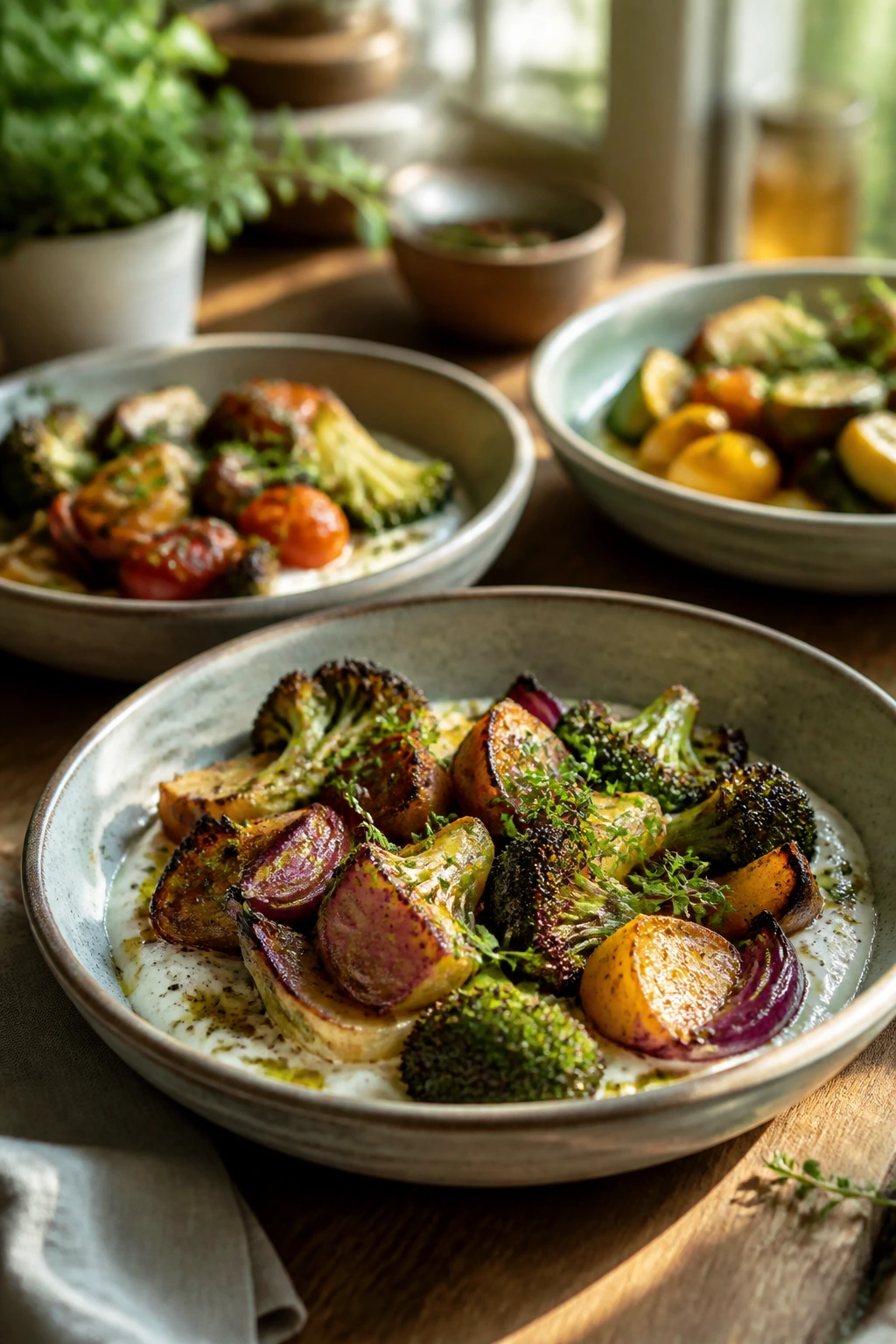 Close-up of roasted vegetables in shallow bowls for serving ideas in a warm kitchen