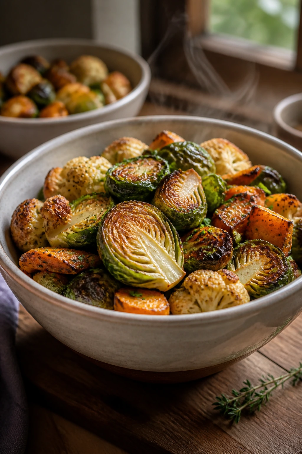 Close-up of crisp air-fried vegetables served in warm bowls with browned edges.