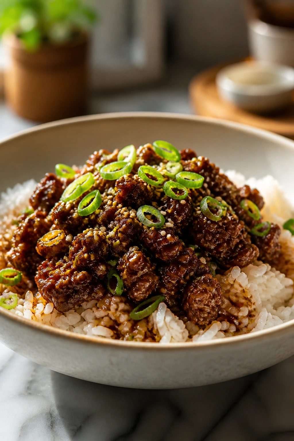 Close-up of sesame beef bowl with rice in a warm kitchen