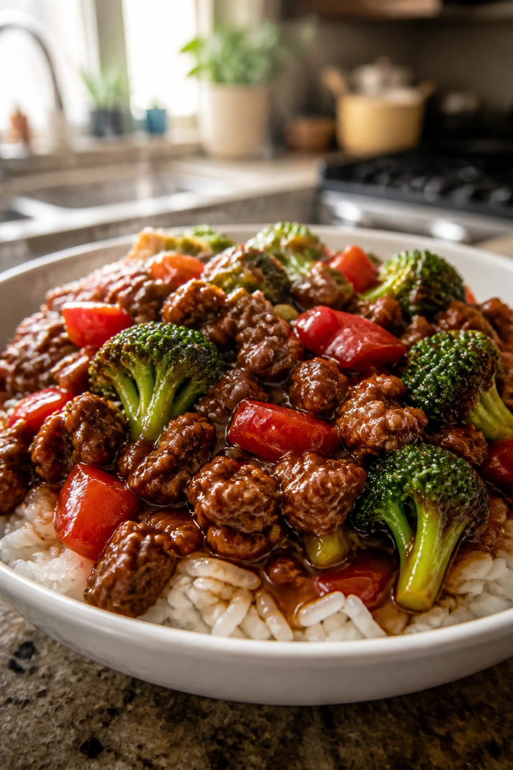 Close-up of glossy sesame beef over rice with broccoli and peppers in a bowl