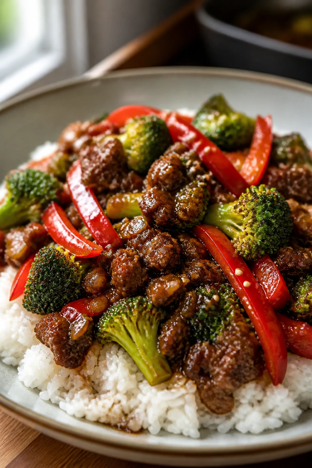 Ground beef sesame dish with broccoli and peppers over rice in a skillet