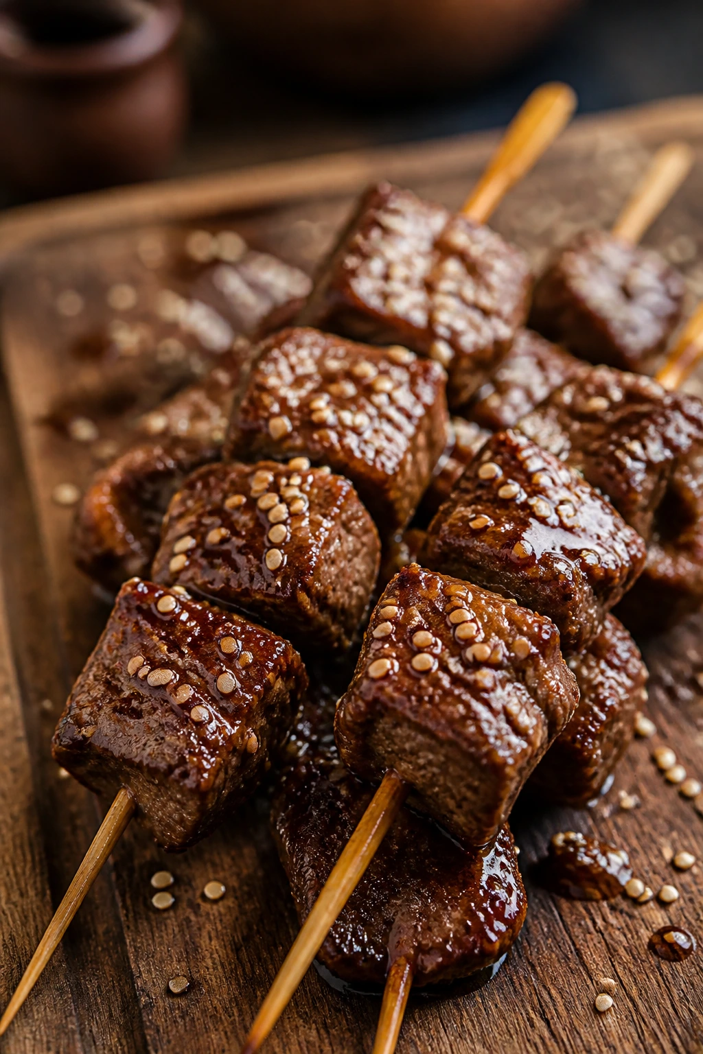 Close-up of sesame-glazed beef skewers on a rustic wooden board