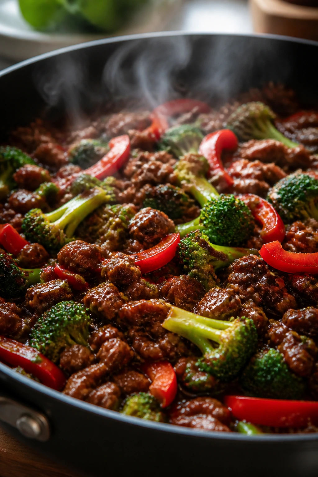 Close-up of sesame beef in a skillet with broccoli and peppers, glossy glaze in warm kitchen