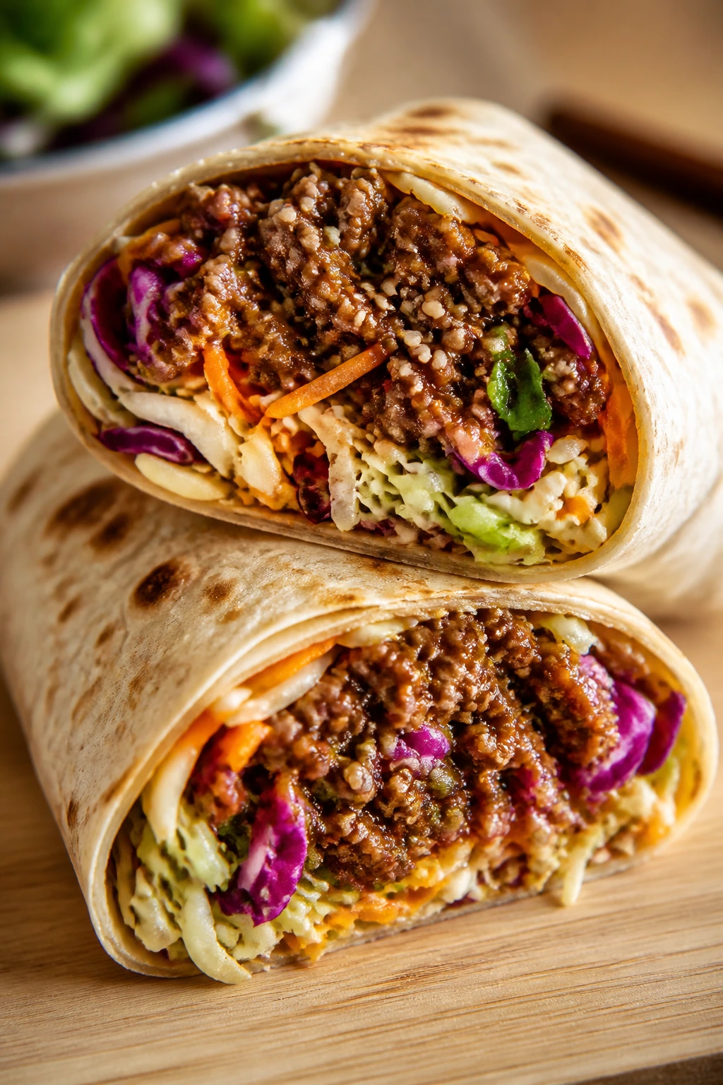 Close-up Sesame Beef Slaw Wraps showing beef and crunchy slaw