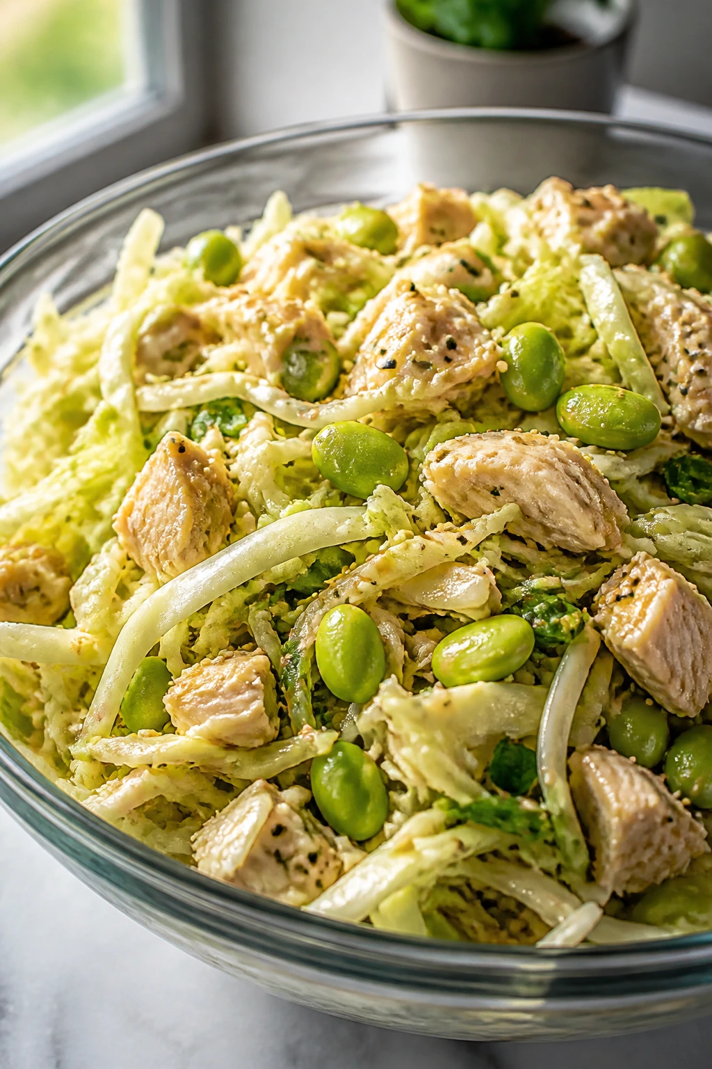 Close-up of sesame cabbage chicken salad with edamame in a bright kitchen bowl
