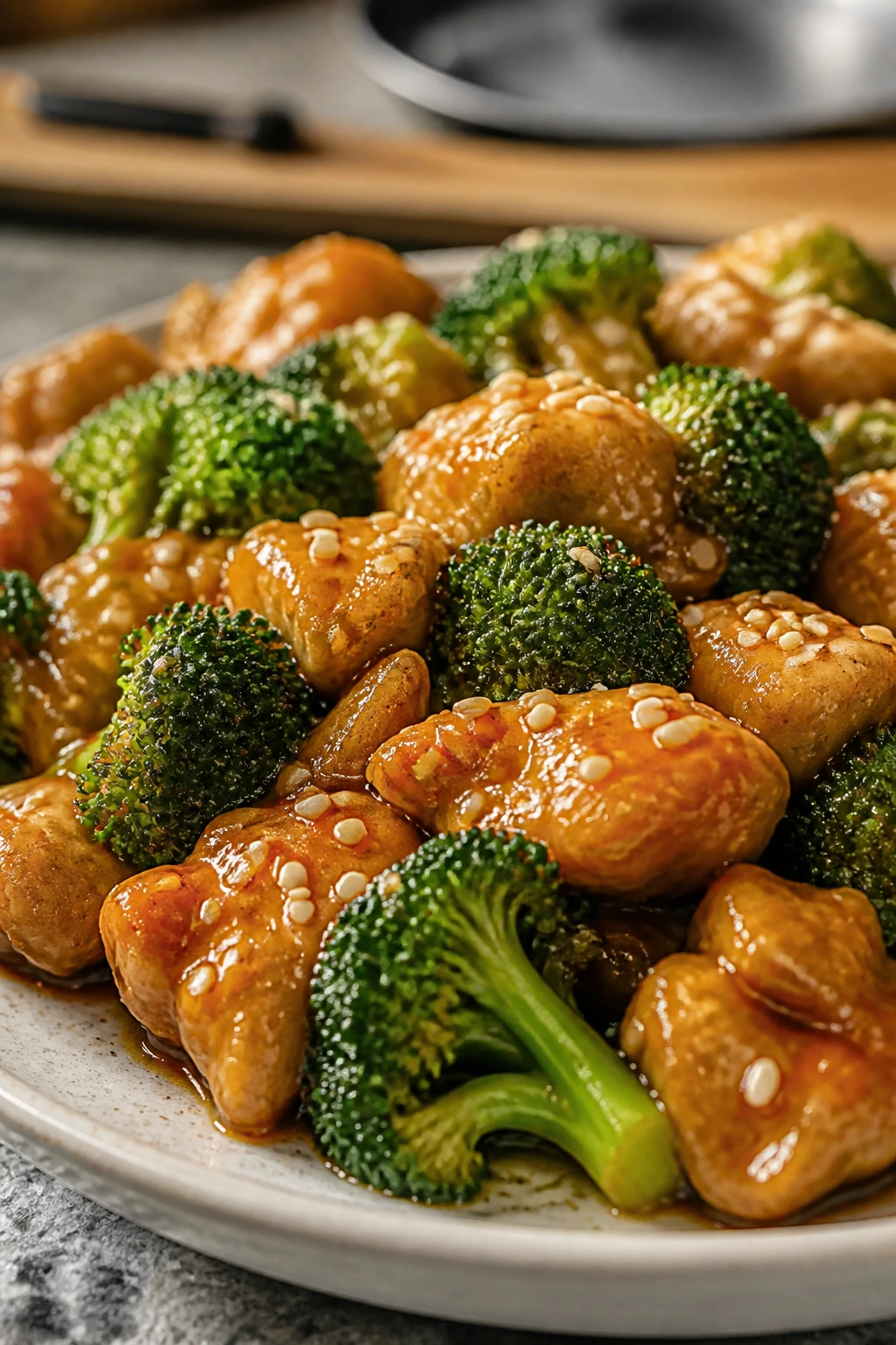 Close-up of sesame-coated chicken and broccoli on a plate