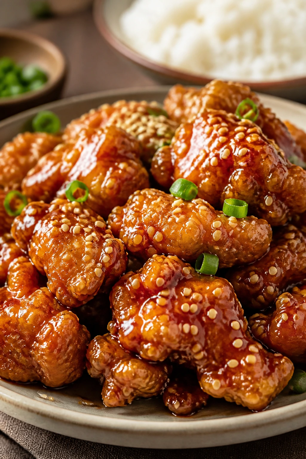 Sesame Chicken with glossy glaze and sesame seeds on plate