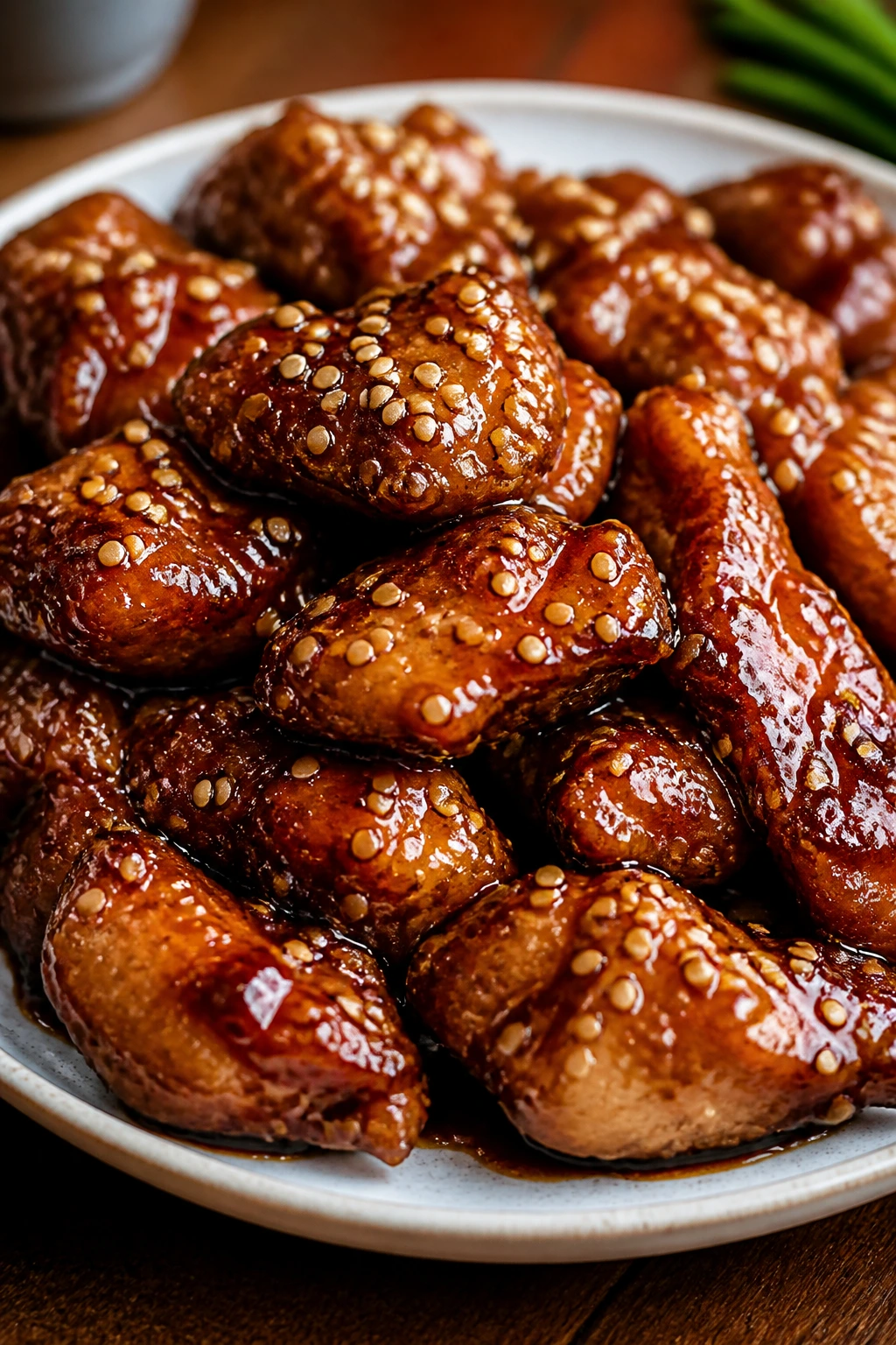 Sesame chicken thighs with sesame seeds in glossy sauce on plate