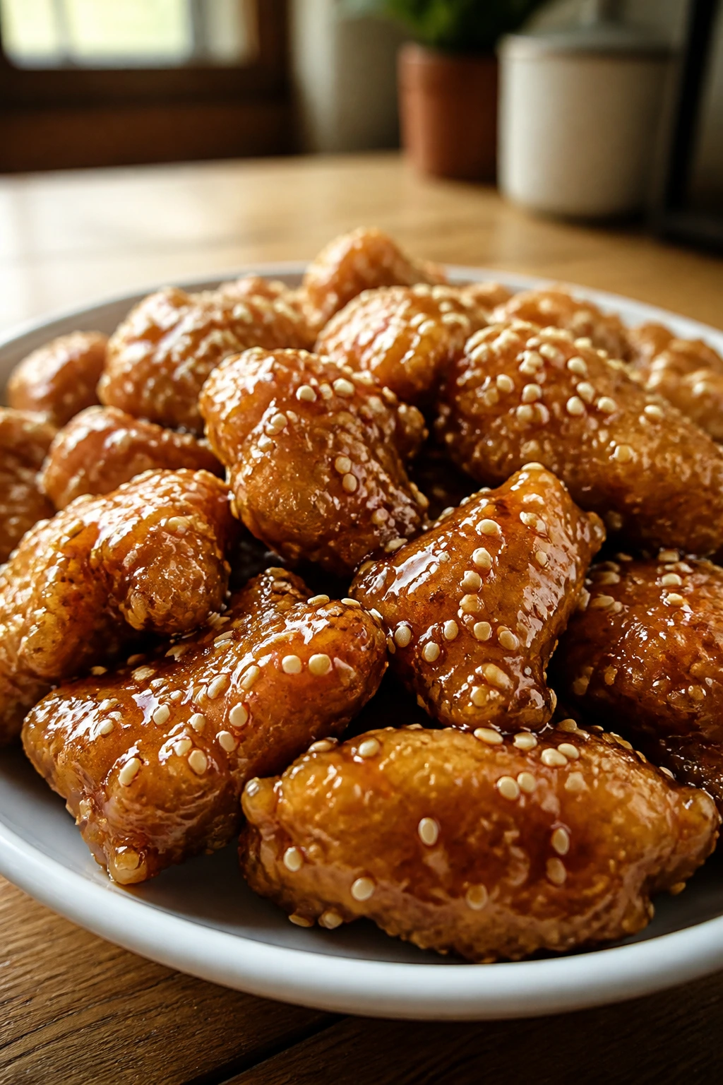 Close-up of sesame chicken pieces with sesame seeds on a plate in a cozy kitchen