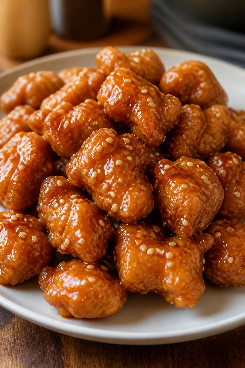 Sesame chicken with sesame seeds on plate