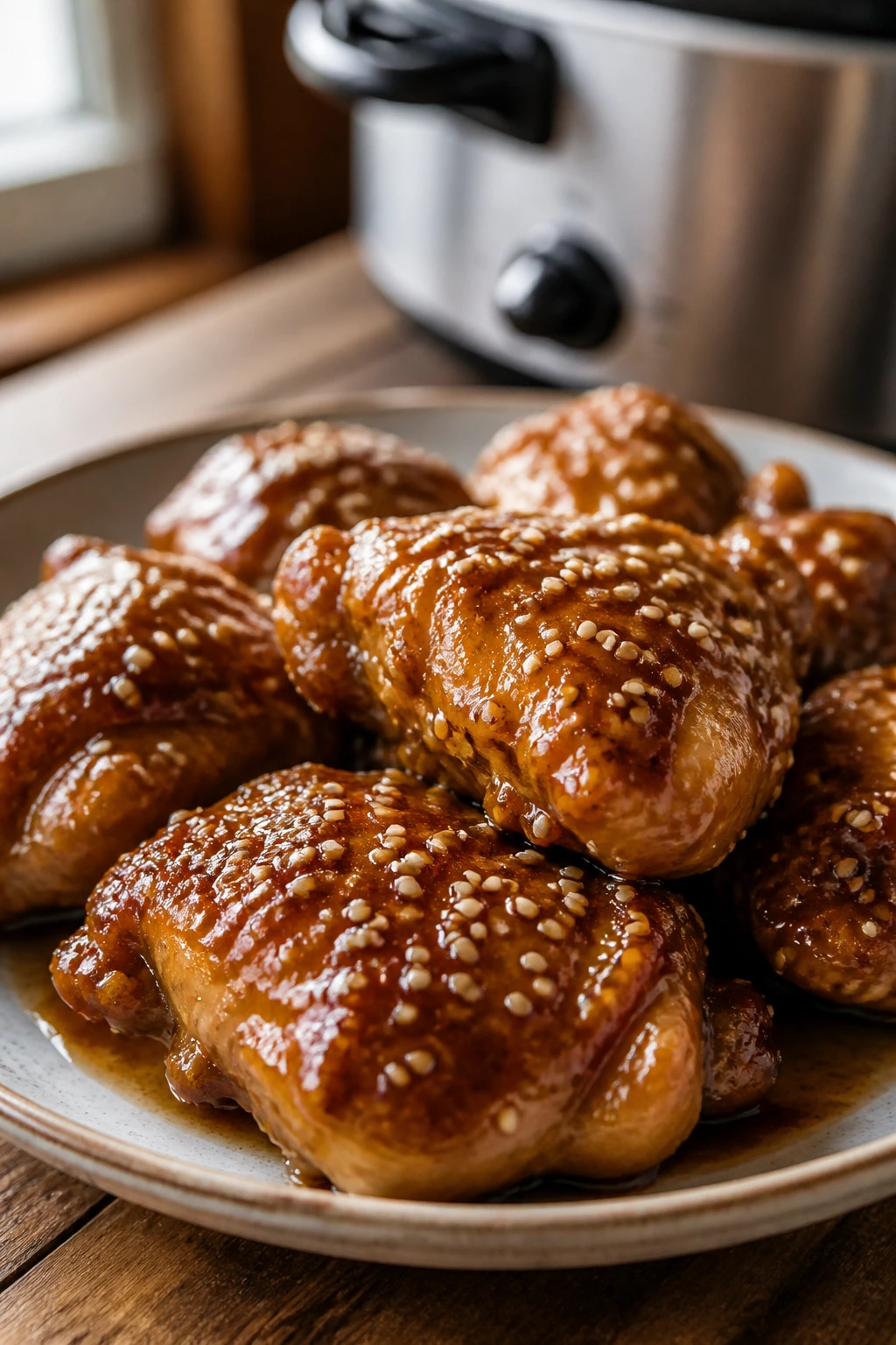 Close-up of Crockpot Sesame Chicken with glossy glaze on a plate in a warm kitchen