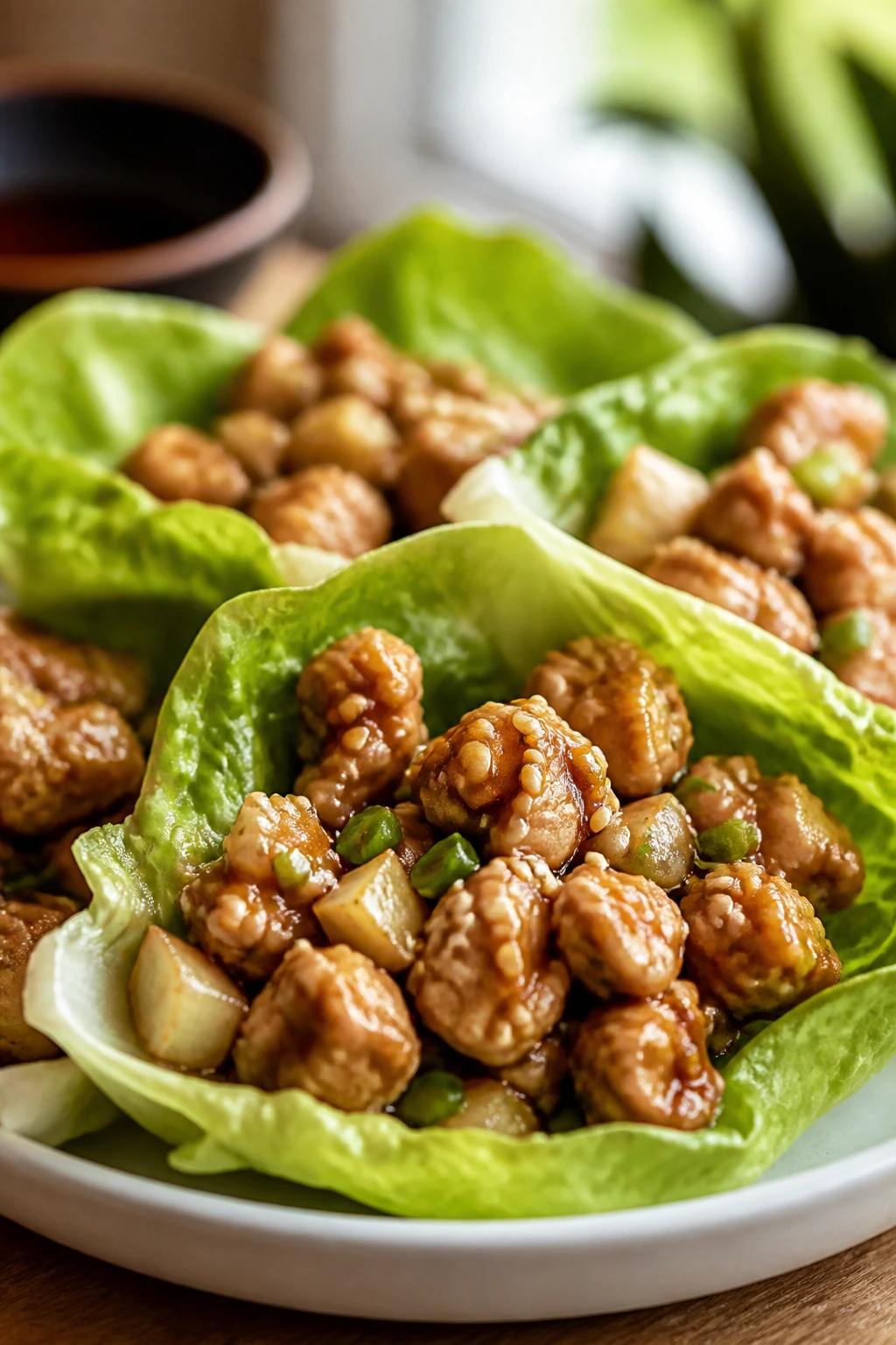 Lettuce cups filled with sesame chicken filling on a plate