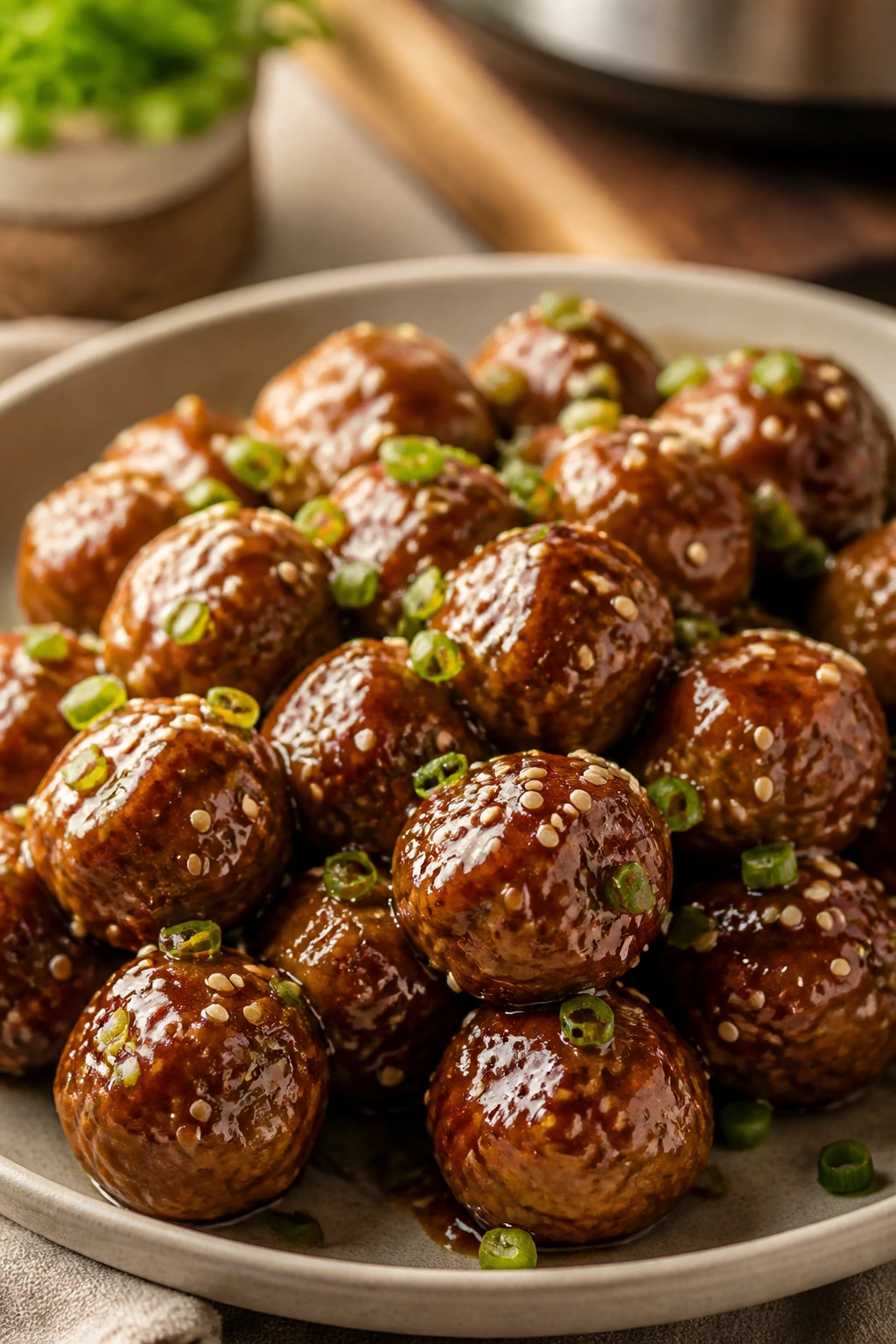 Close-up of sesame chicken meatballs on a plate with glaze