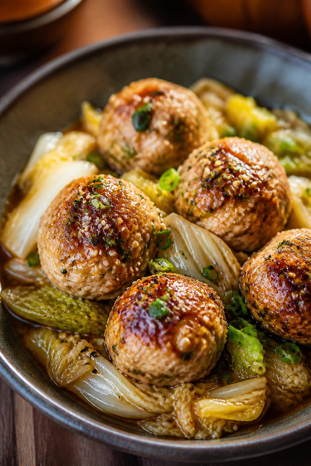 Close-up of Sesame Chicken Meatballs with Napa Cabbage in a bowl
