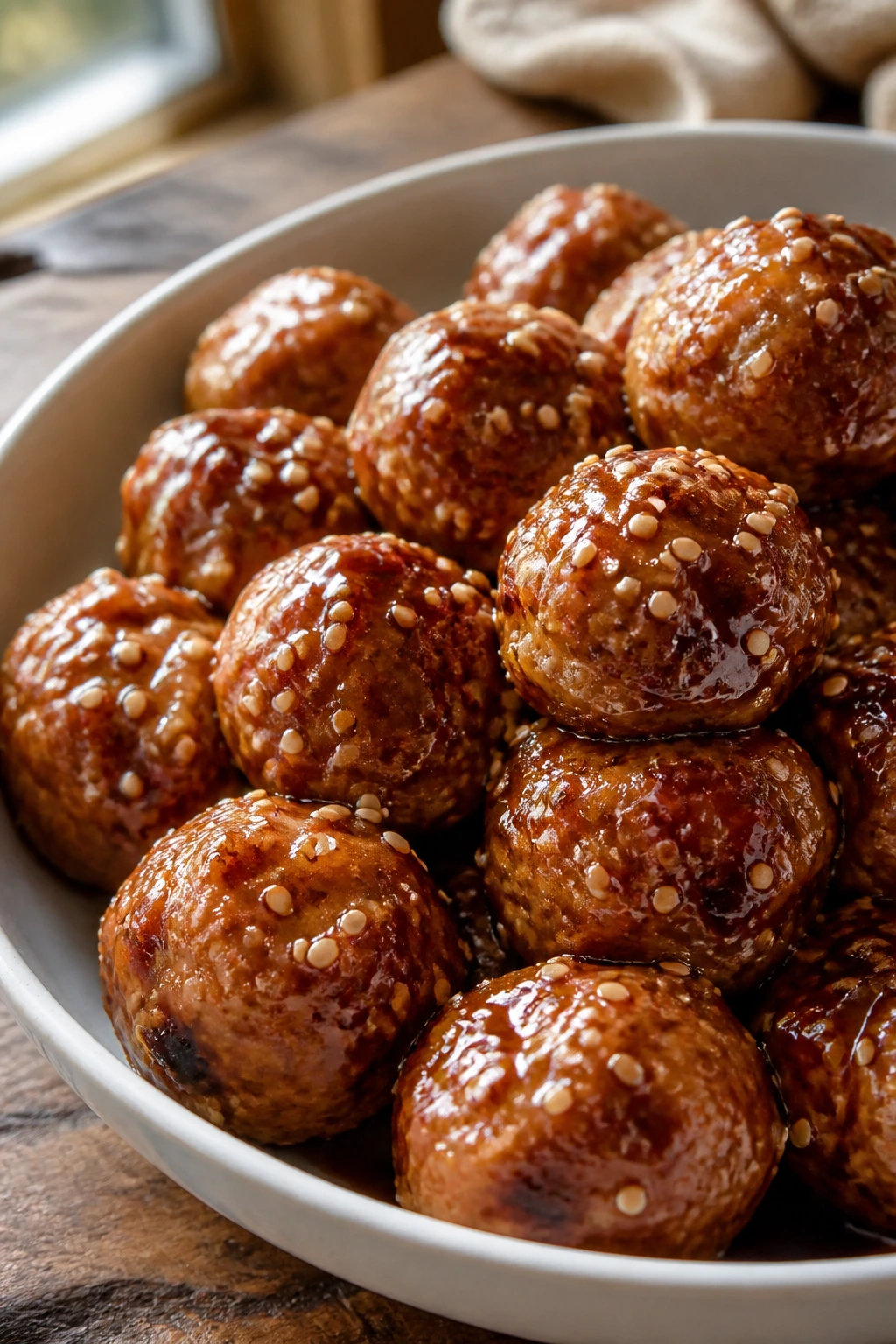 Close-up of sesame chicken meatballs in sweet soy sauce in a bowl