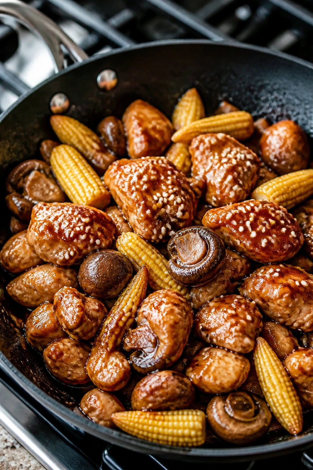 Close-up of sesame chicken with mushrooms and baby corn