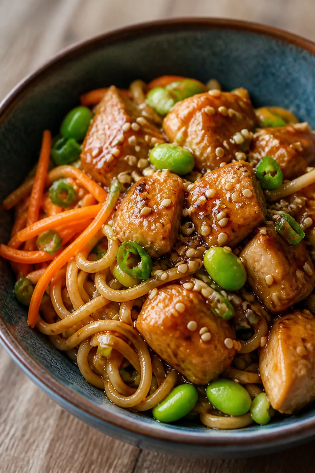 Sesame chicken with noodles and vegetables in a bowl
