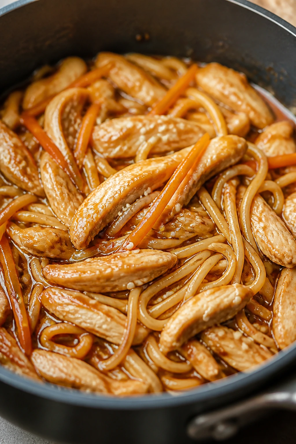 Noodles with chicken and carrots in sesame sauce