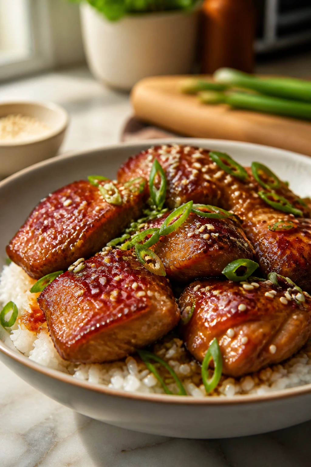 Plate of tender sesame chicken over rice with sesame seeds