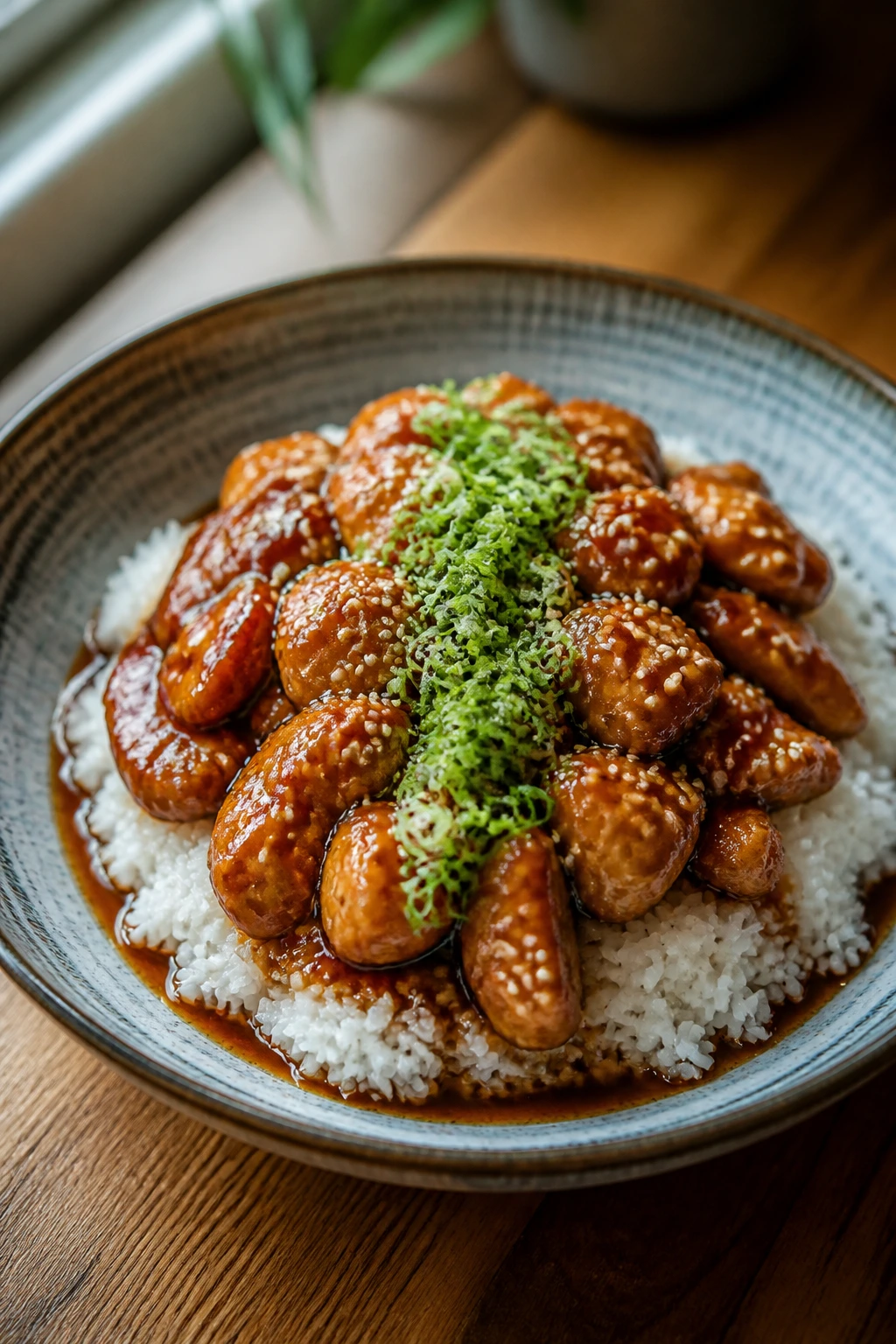 Sesame chicken plated over rice with glaze and sesame seeds