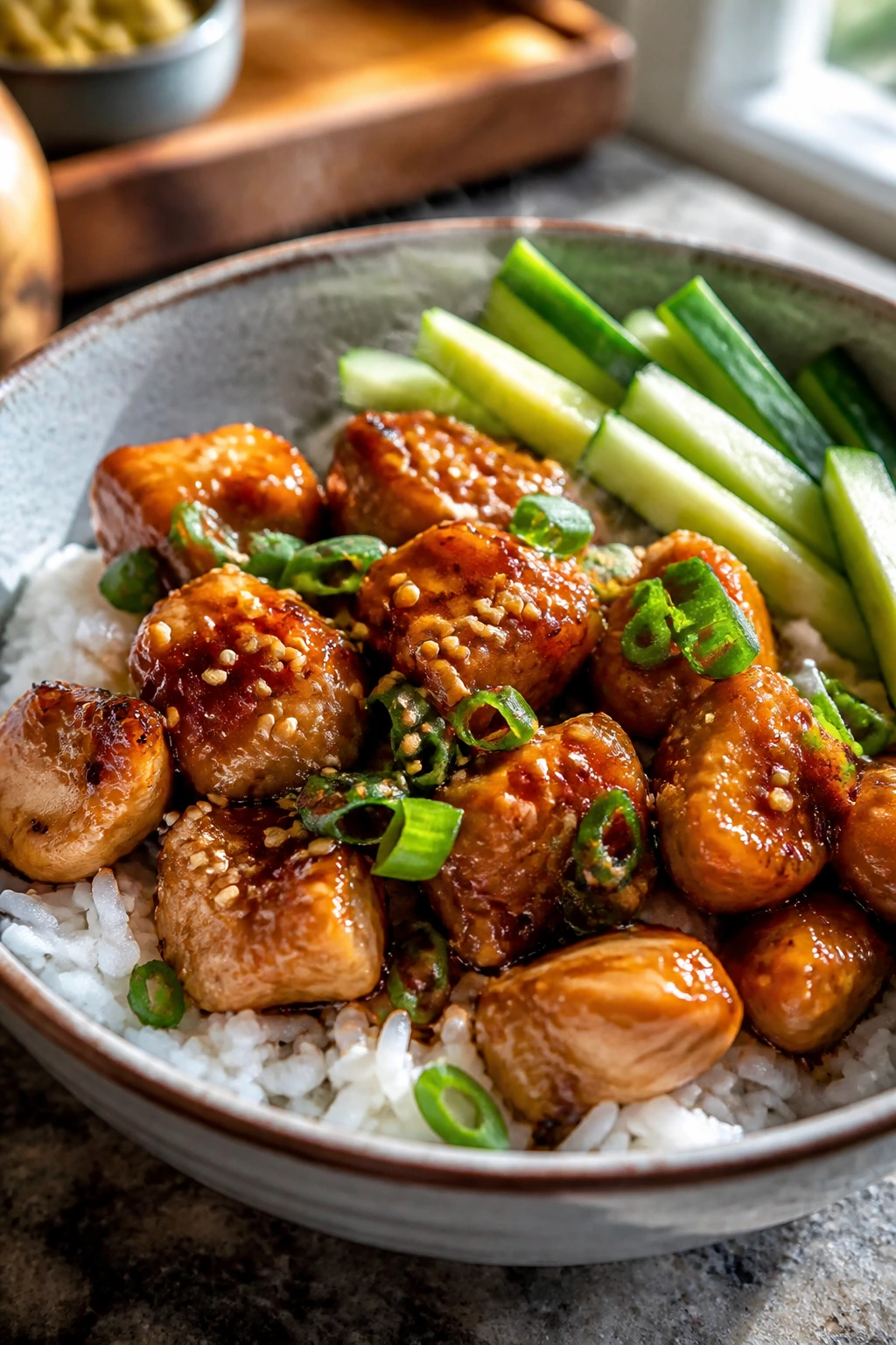 Close-up of sesame chicken rice bowl with cucumber garnish
