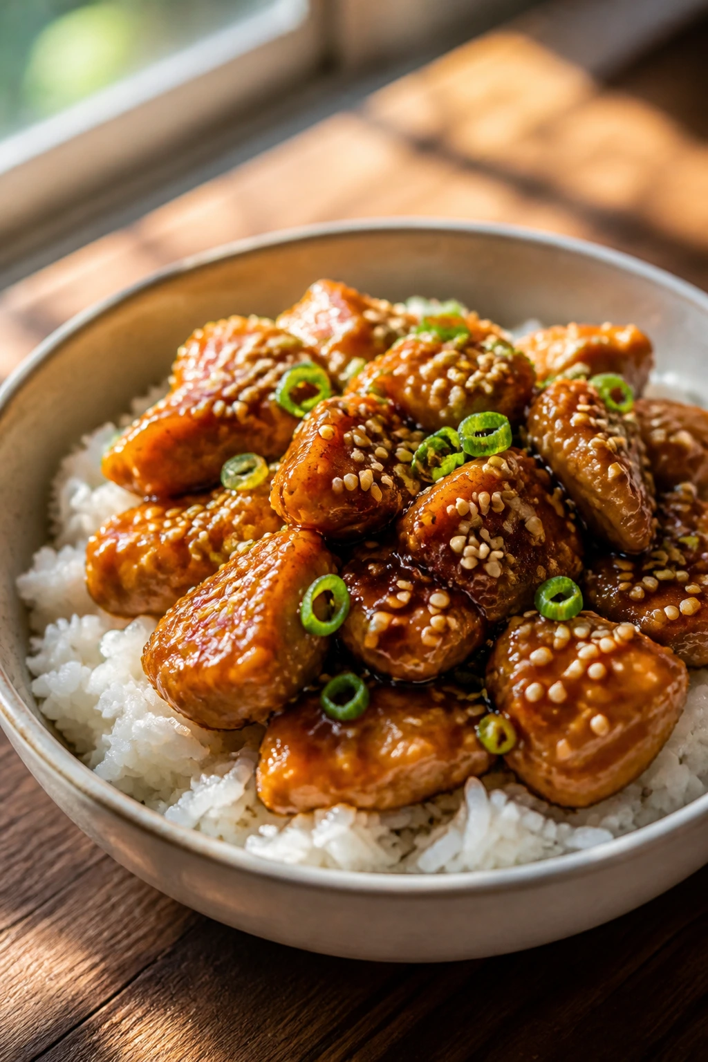 Close-up of sesame chicken over rice in a bowl