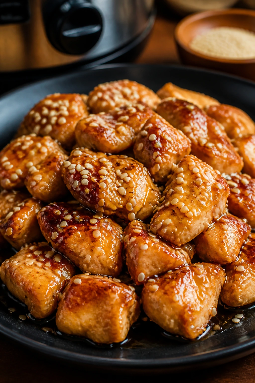 Sesame Chicken with Toasted Seeds close-up on plate