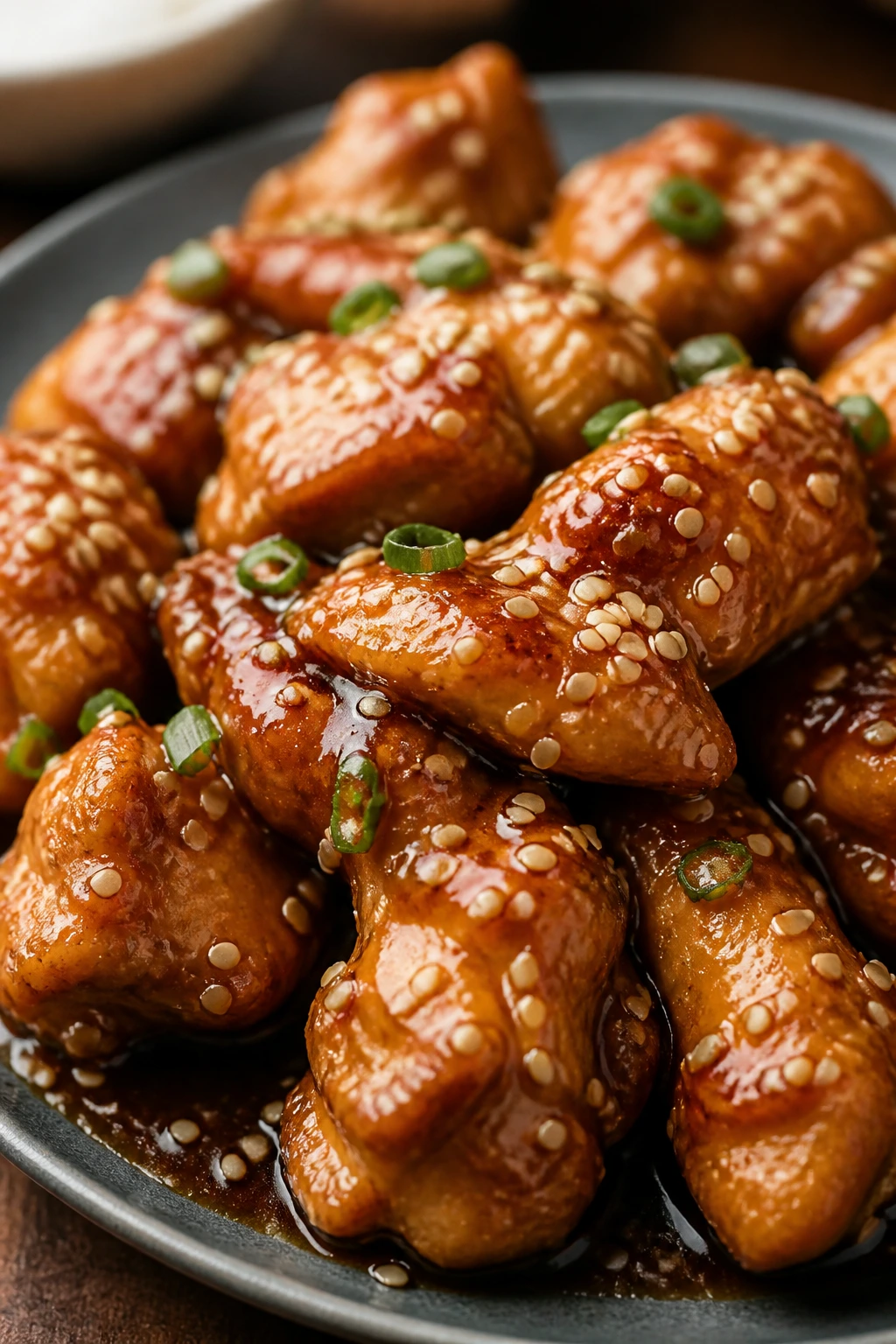 Sesame chicken with sesame seeds in glossy glaze on plate