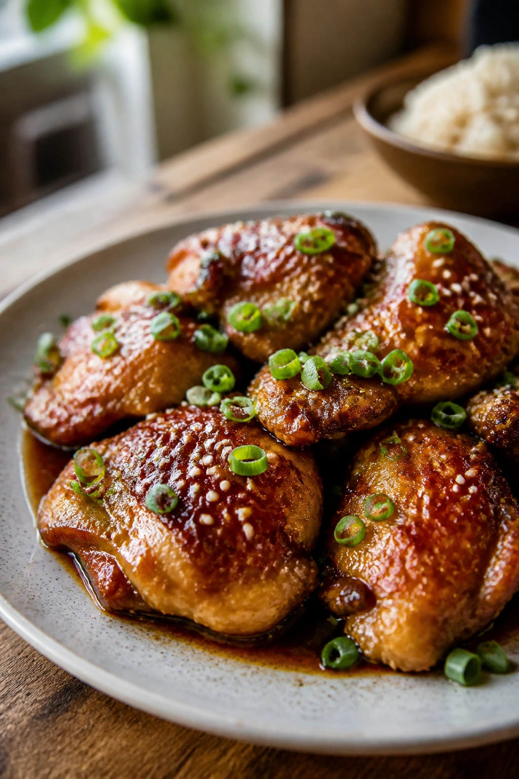 Close-up of Slow Cooker Sesame Chicken with sesame seeds on a plate in a kitchen