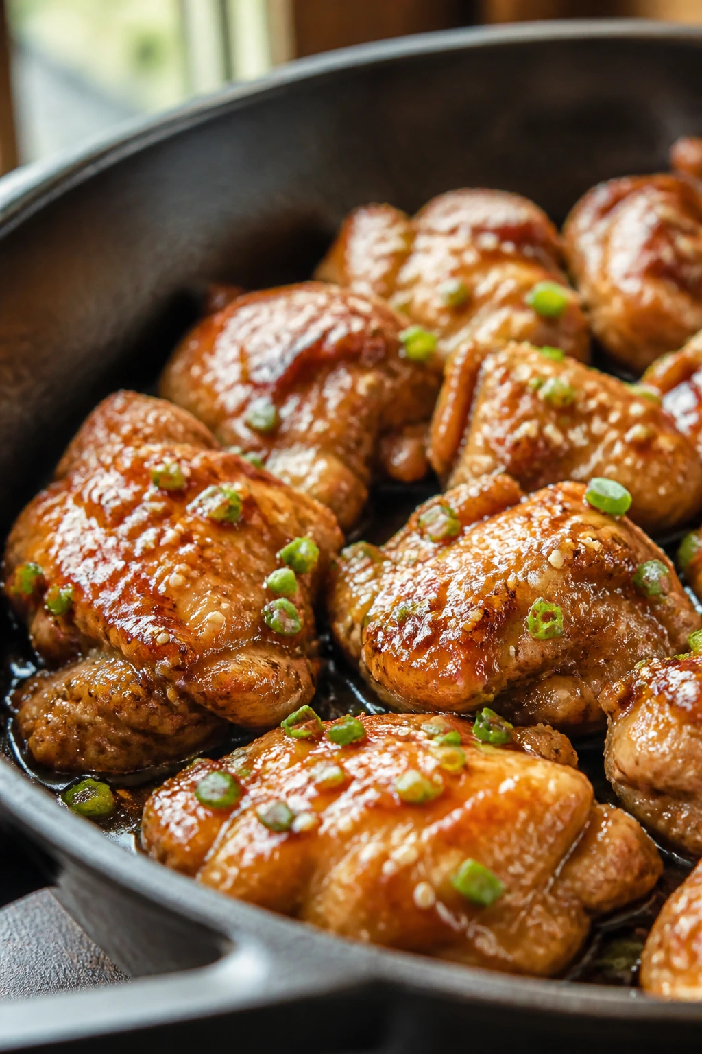 Close-up of sesame chicken thighs with glossy glaze in a rustic skillet