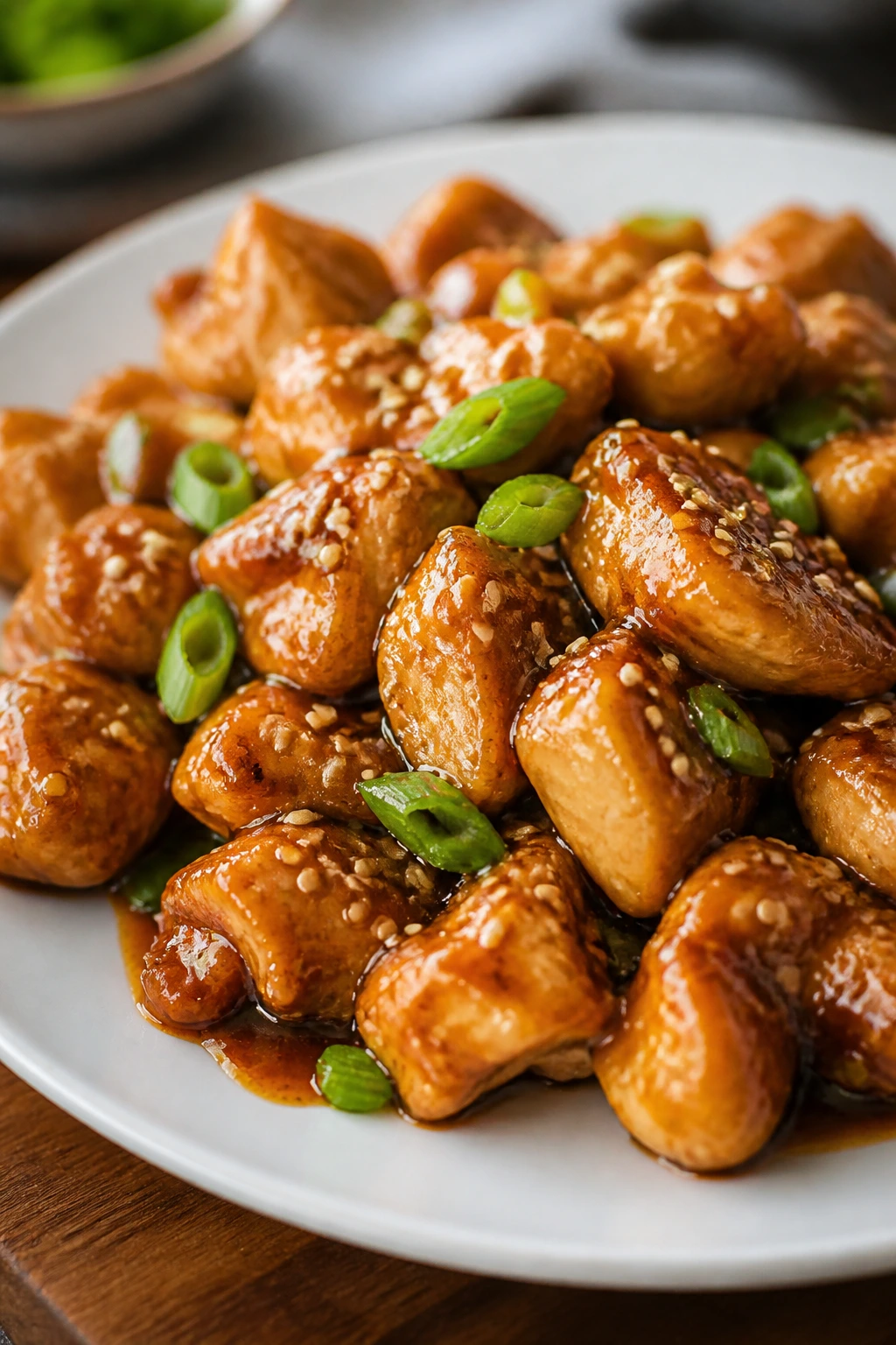 Glossy sesame chicken on a plate with glaze