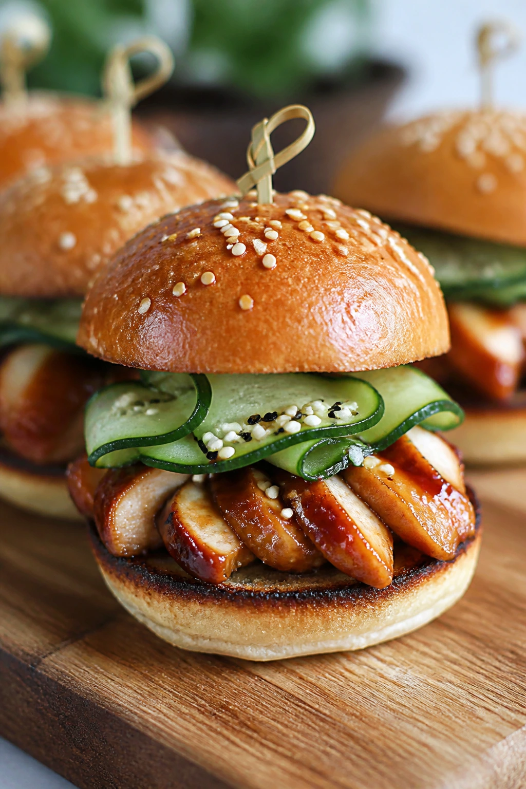 Close-up of sesame cucumber teriyaki chicken slider on wooden board
