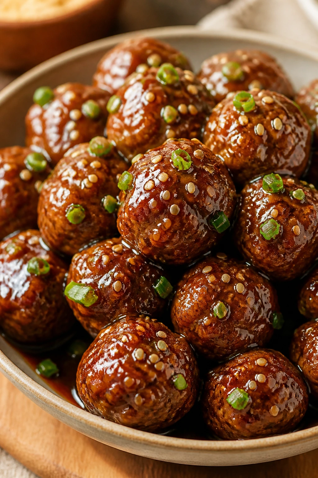 Glossy sesame garlic meatballs with sticky glaze on plate